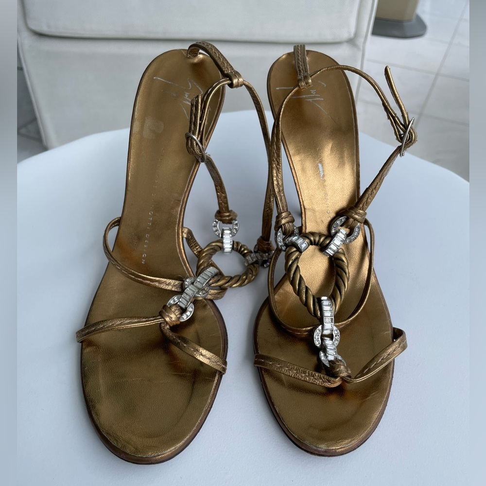 Giuseppe Zanotti Metallic Copper Gold Leather Sandals Crystal and Metal Accent 9